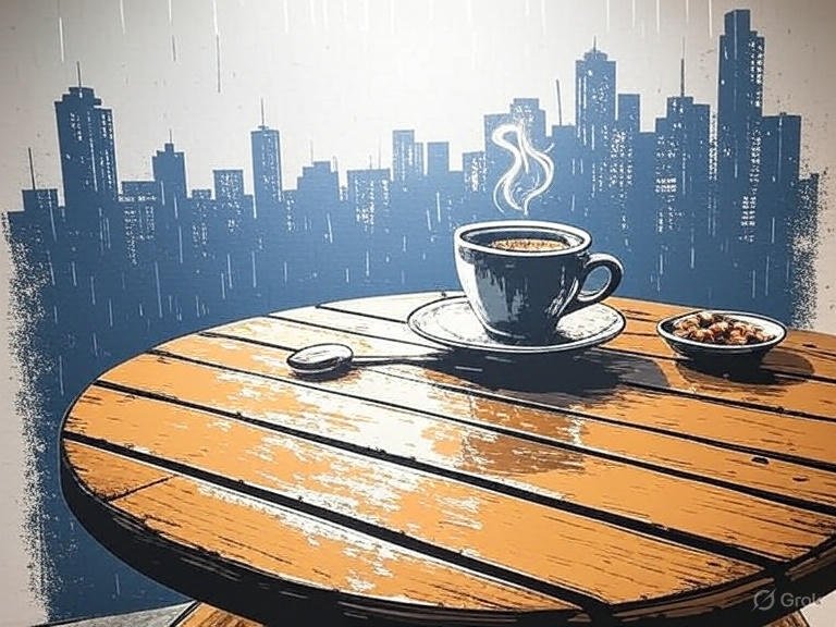 Graffiti image of hot cup of tea on a raining day in a balcony.