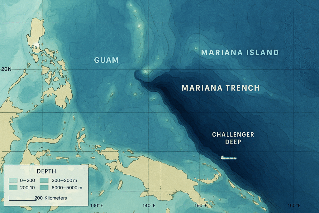 Bathymetric map of the western Pacific showing the Mariana Trench, Challenger Deep, and surrounding islands.