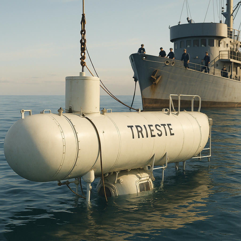 The Bathyscaphe Trieste being prepared by the U.S. Navy before its 1960 dive to the Challenger Deep.