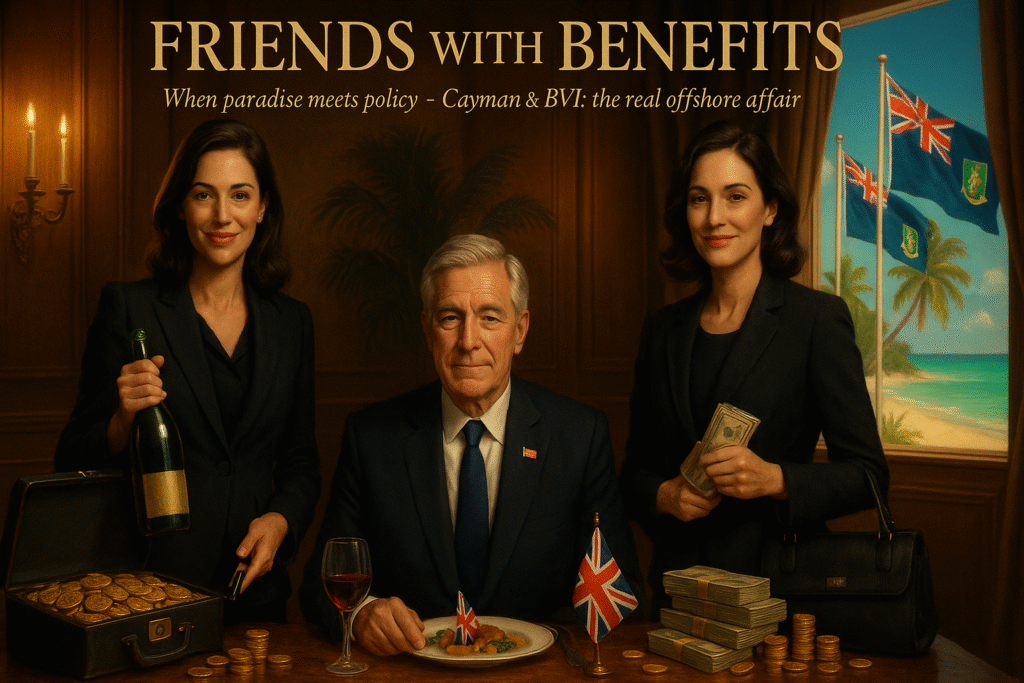 Satire of Cayman Islands as low-tax British Overseas Territory party guests