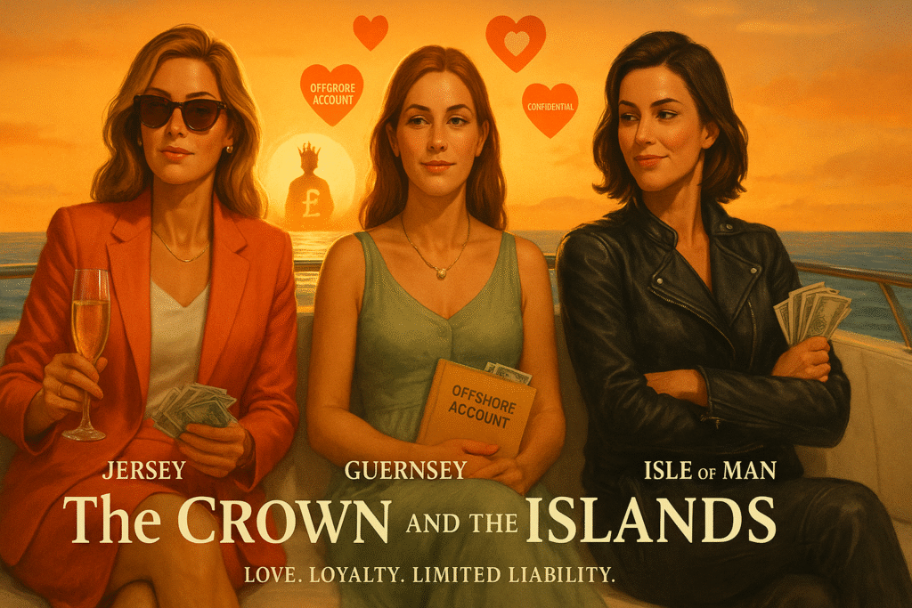 Crown Dependencies map showing Jersey, Guernsey, Isle of Man in a satirical way