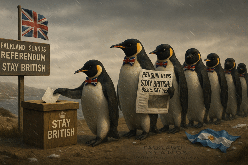 Satirical penguins in Falkland Islands voting to stay British Overseas Territory