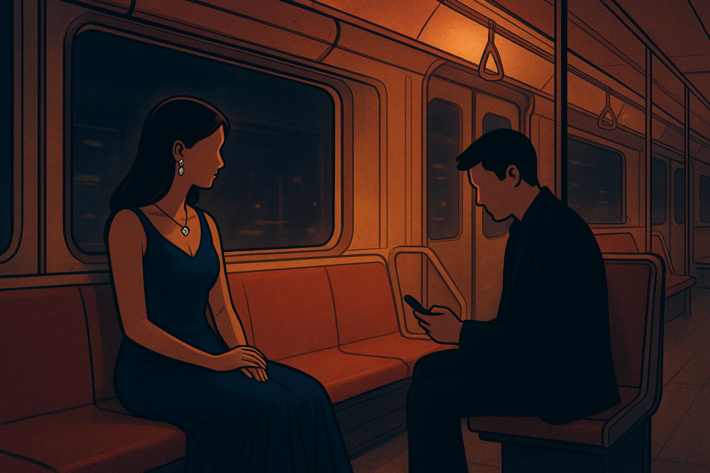 comic style image of metro romance, faceless girl and boy sitting next to each other