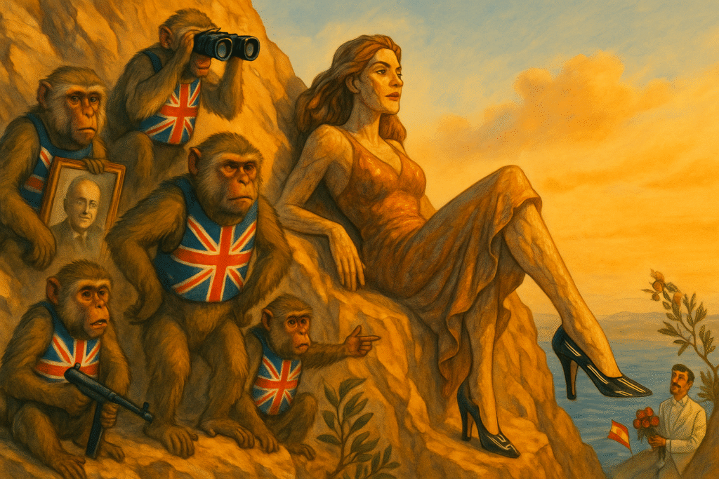 Humorous satire of Gibraltar Rock monkeys protecting British Overseas Territory from Spain