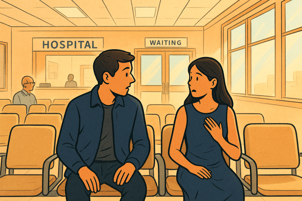 twist ending short story comic style image of boy and girl surprised to meet in hospital waiting room