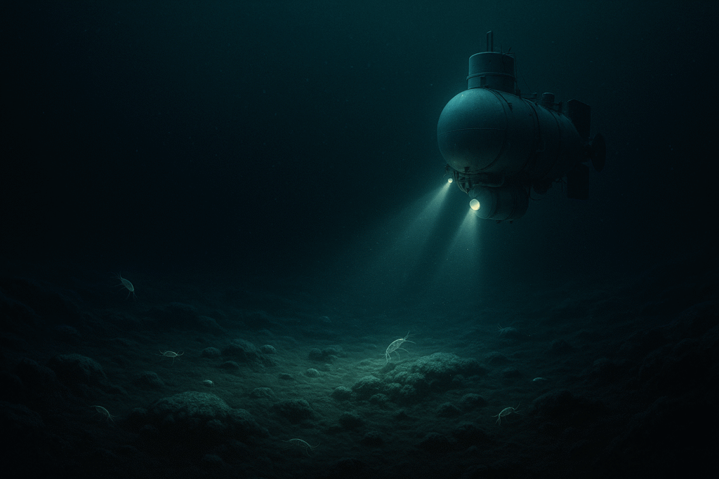 Deep-sea amphipods and microorganisms illuminated by the Trieste’s light on the seafloor of the Challenger Deep.