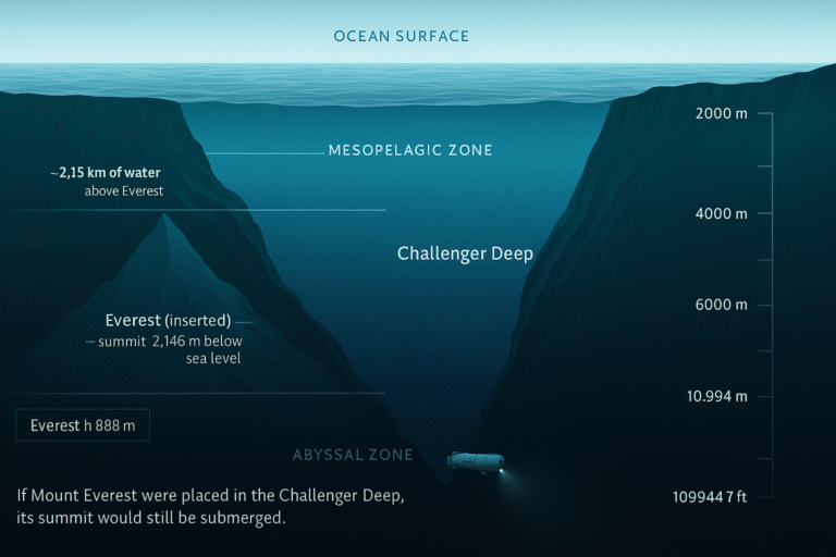 Educational cross-section of the Mariana Trench (1200×900) showing Challenger Deep, ocean layers, a semi-transparent Mount Everest silhouette inserted into the trench with its summit 2,146 m below sea level, and the Trieste submersible near the bottom.