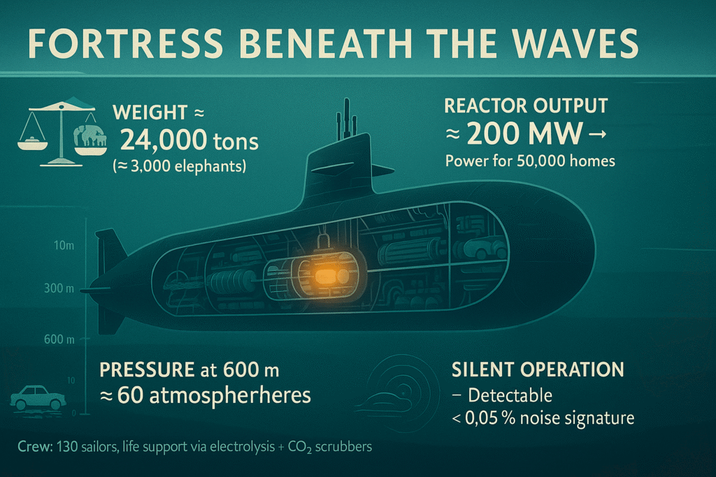Nuclear submarine infographic showing weight 24000 tons, reactor output 200 MW, operational depth 300-600 meters, pressure resistance, and silent operation specs