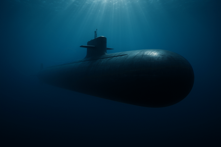 Nuclear submarine navigating underwater at deep ocean depth showing stealth fortress capability and modern naval warfare technology