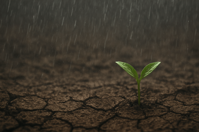 Sunlit wet soil releasing petrichor after the first rain