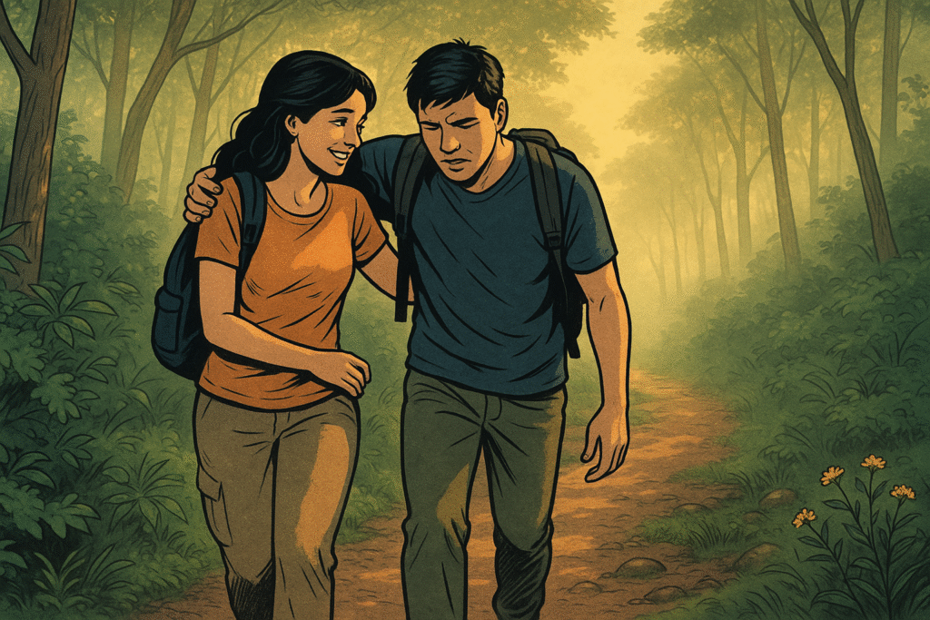Romantic short story scene showing a couple trekking through the lush Shidhola trail in Sanjay Gandhi National Park, the woman gently supporting her partner as morning sunlight filters through the trees — symbolizing love, care, and healing in a mystical adventure romance.