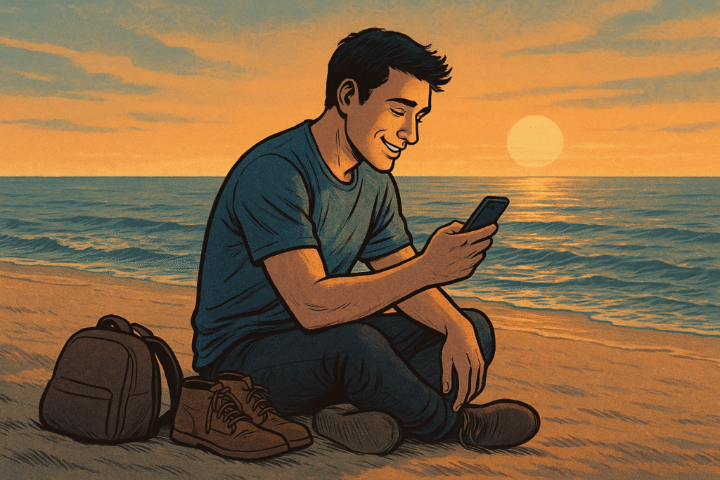 Emotional beach love story illustration showing a young man smiling at his phone while watching the sunrise over the sea, symbolizing healing, hope, and the mystical connection of love beyond dreams and reality.