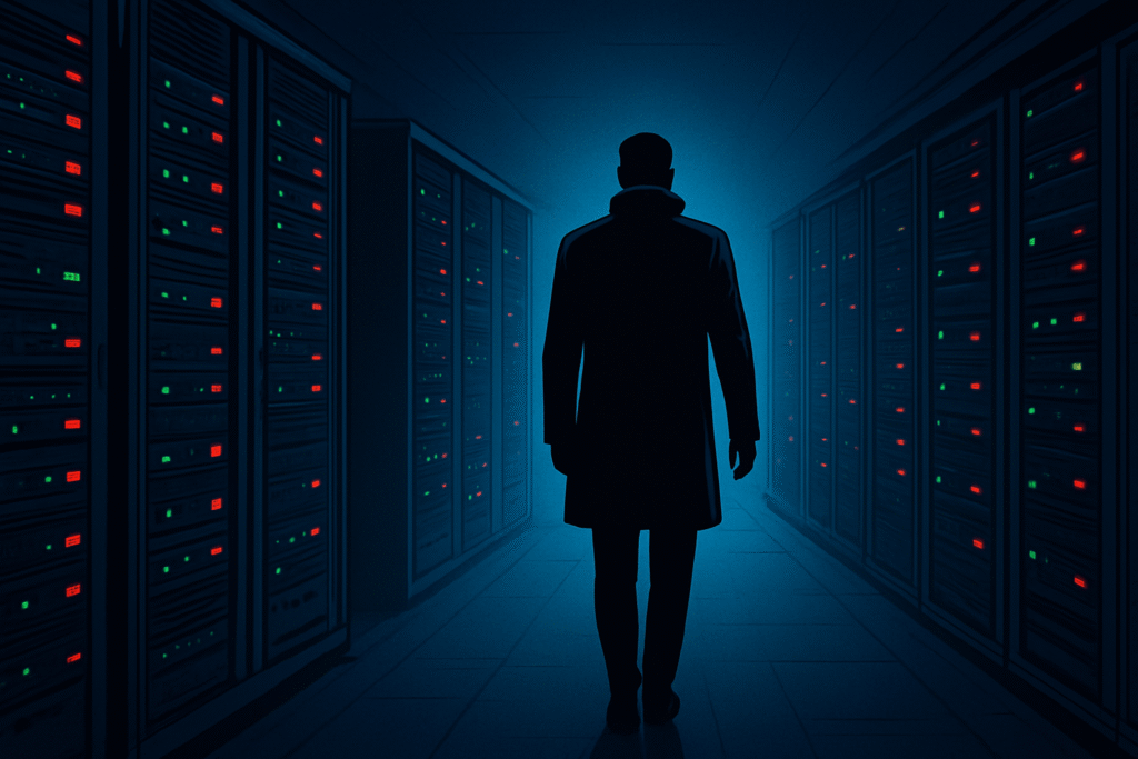 Short story, comic style faceless image of a man standing in server room