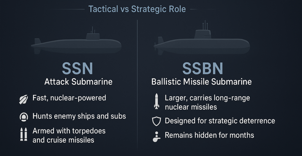 SSBN SSN attack submarines and SSBN ballistic missile submarines, showing their design differences, roles, and weapon types on a dark navy background.