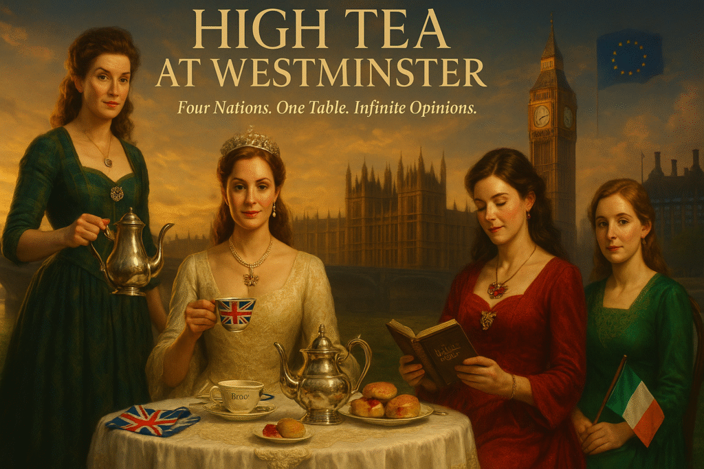 Satirical image of UK nations as wives in group having high tea representing political structure