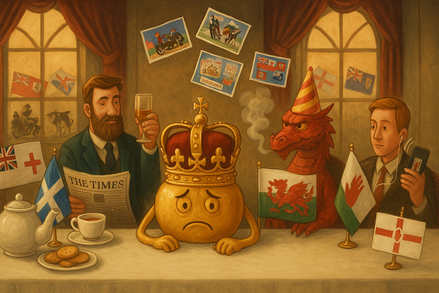 UK political structure showing England Scotland Wales Northern Ireland flags united.