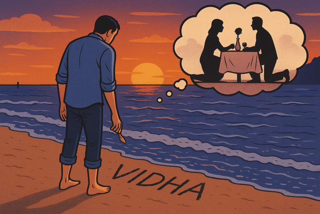 Romantic short story, comic style image of banker writing on beach with shell