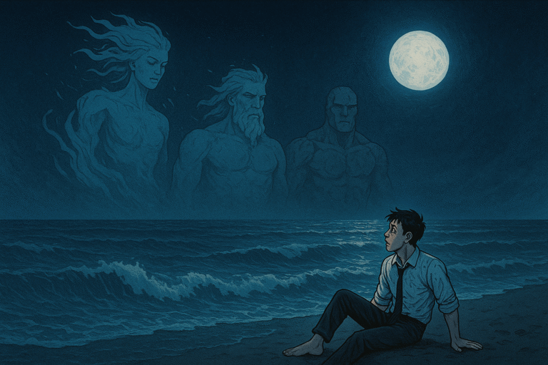 Romantic short story scene of a couple on a beach with waves, love, and mystery in the air