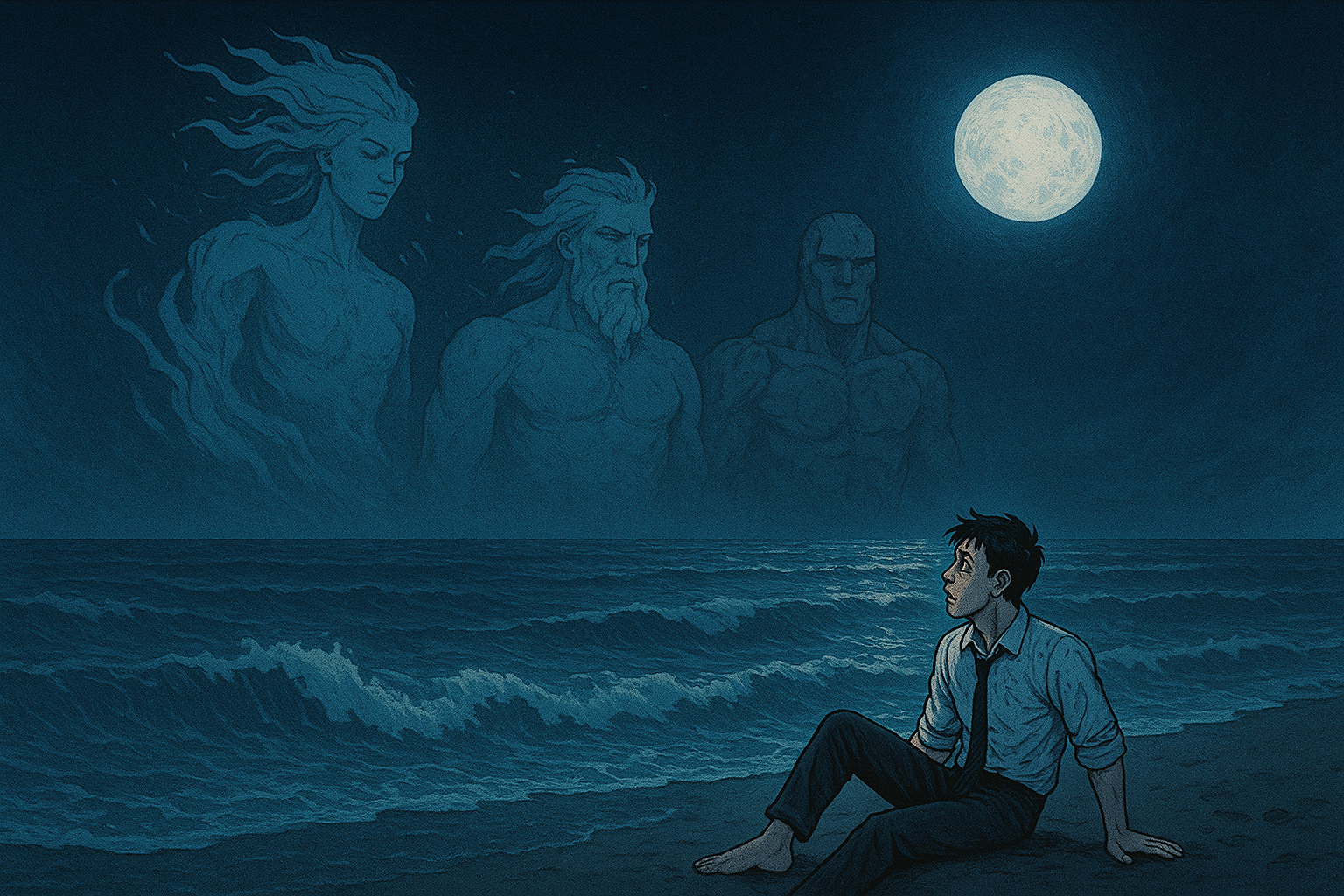 Romantic short story scene of a couple on a beach with waves, love, and mystery in the air