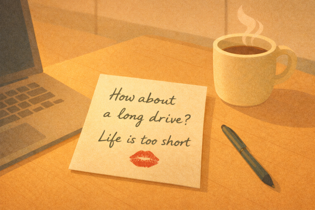 handwritten love note with lipstick kiss on office desk in an office love story