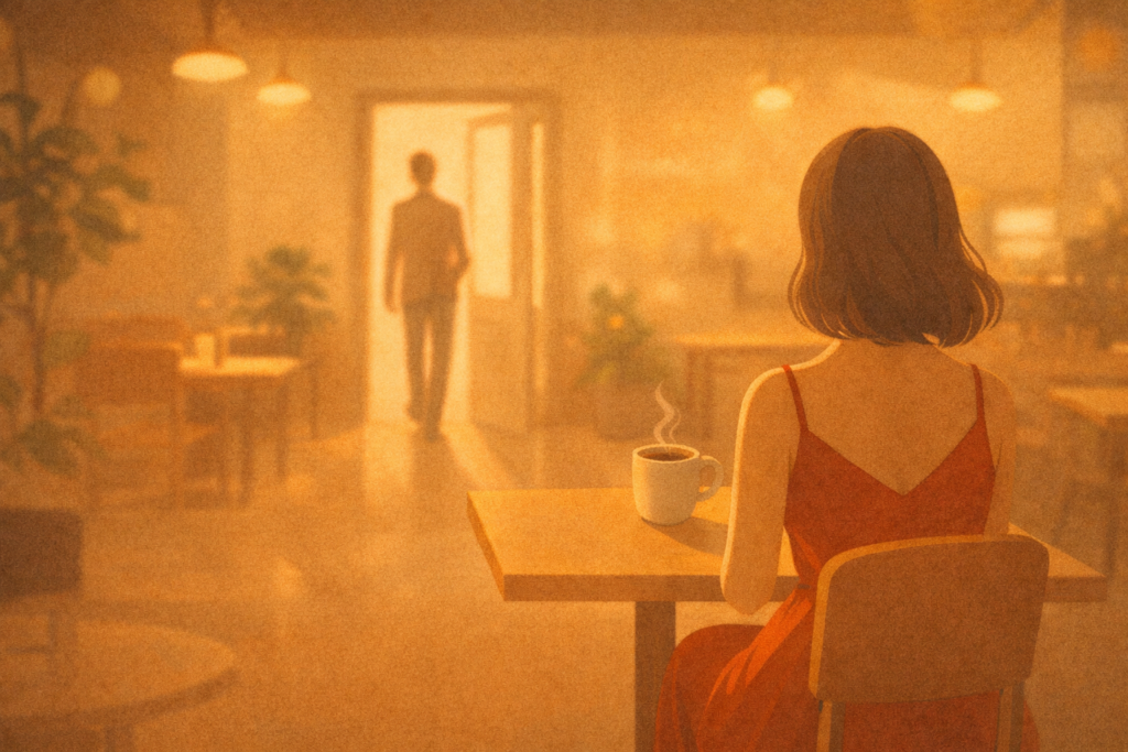 romantic cafe reveal with woman in red dress in an office love story