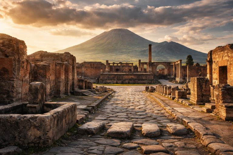 Ancient Pompeii ruins with Mount Vesuvius in the background during golden hour, showcasing a preserved Roman street